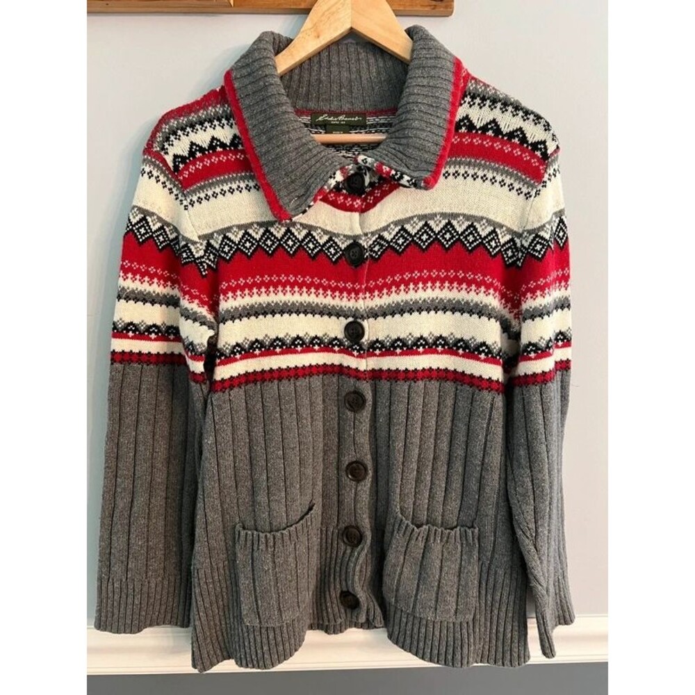 Eddie Bauer Fair Isle Cardigan Sweater M Merino Wool Nordic Button Front